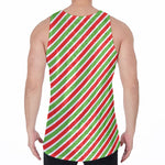 Red Green And White Candy Cane Print Men's Velvet Tank Top