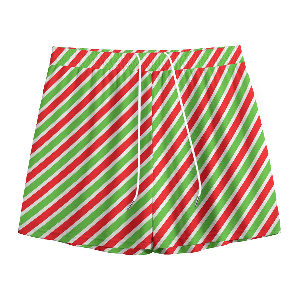 Red Green And White Candy Cane Print Mesh Shorts