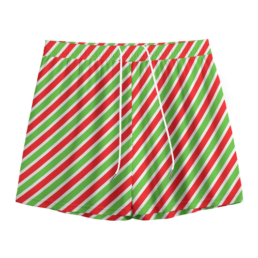 Red Green And White Candy Cane Print Mesh Shorts