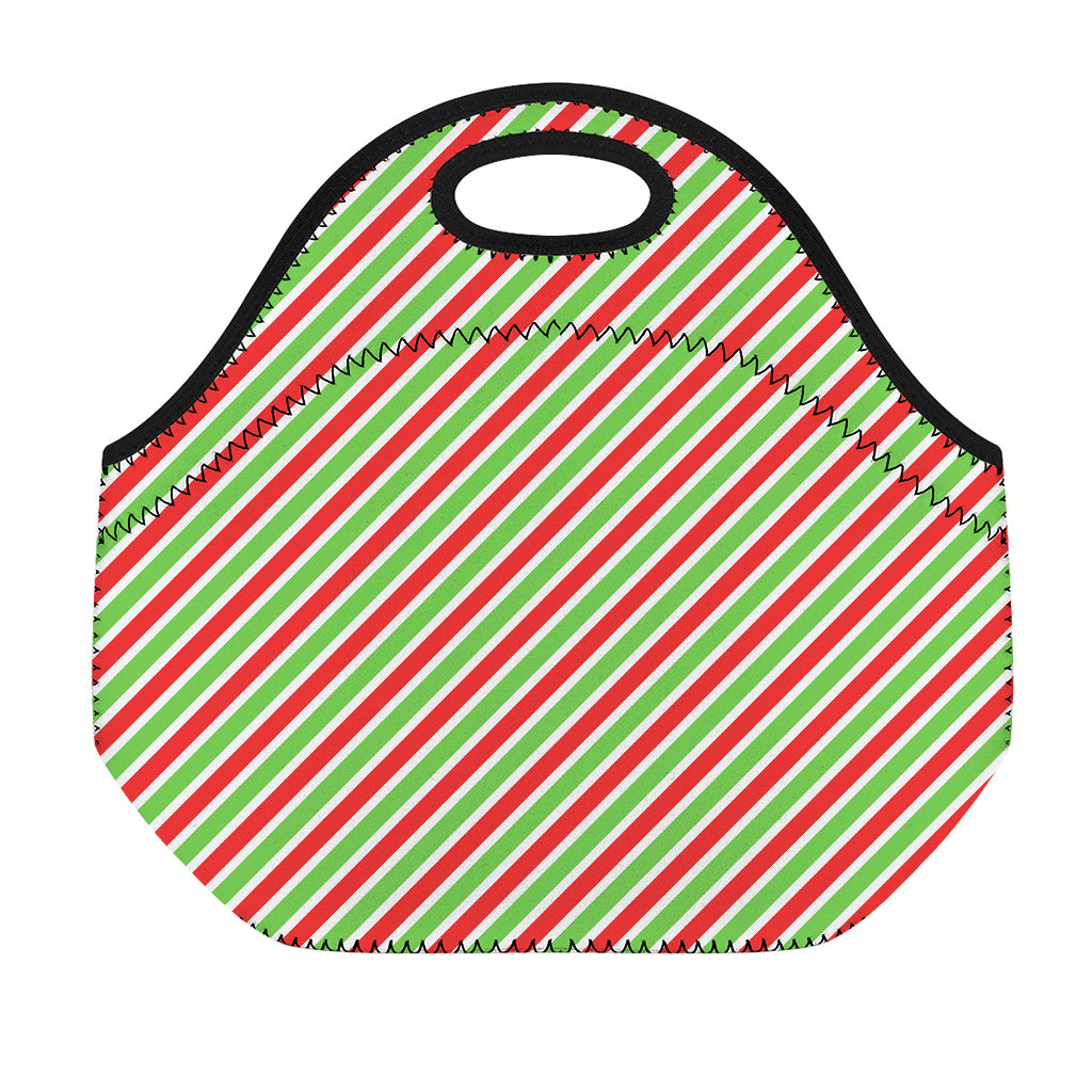 Red Green And White Candy Cane Print Neoprene Lunch Bag