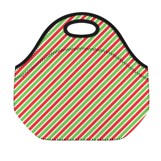 Red Green And White Candy Cane Print Neoprene Lunch Bag