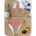 Red Green And White Candy Cane Print One Shoulder Bikini Top