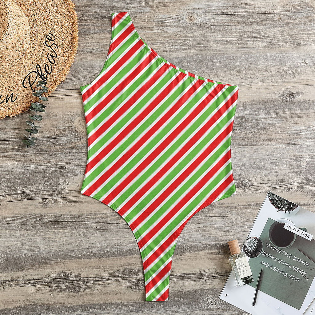 Red Green And White Candy Cane Print One Shoulder Bodysuit