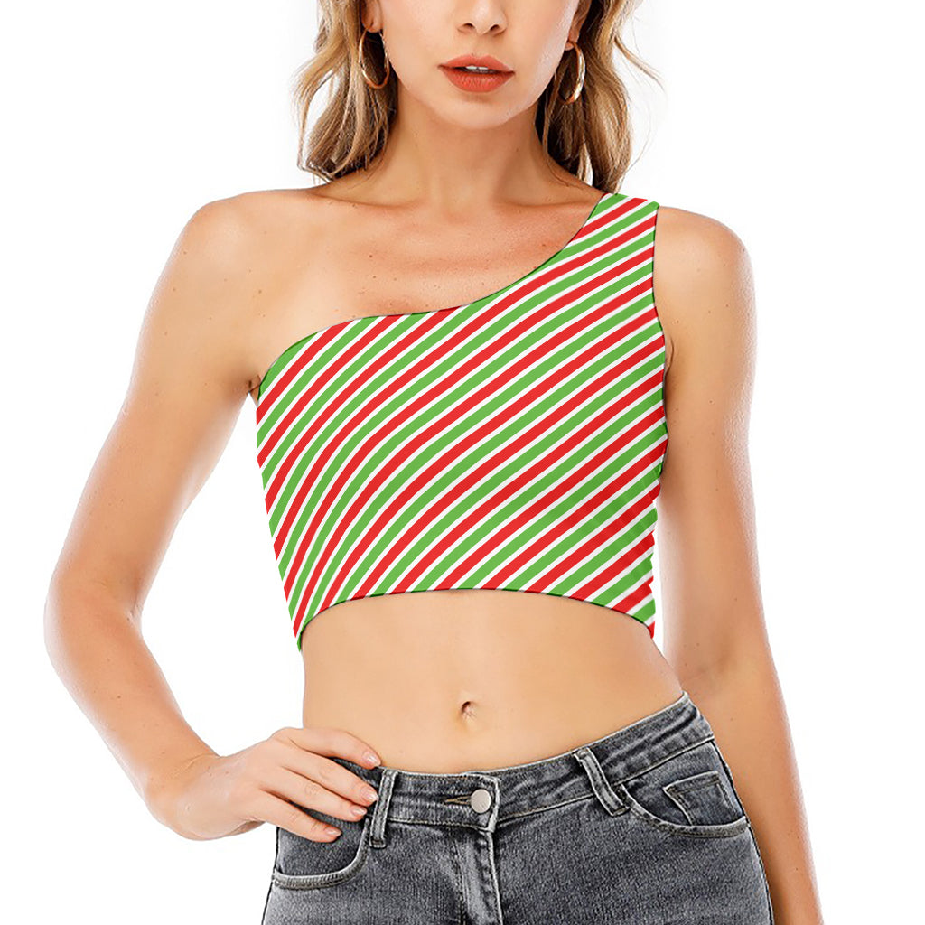 Red Green And White Candy Cane Print One Shoulder Crop Top