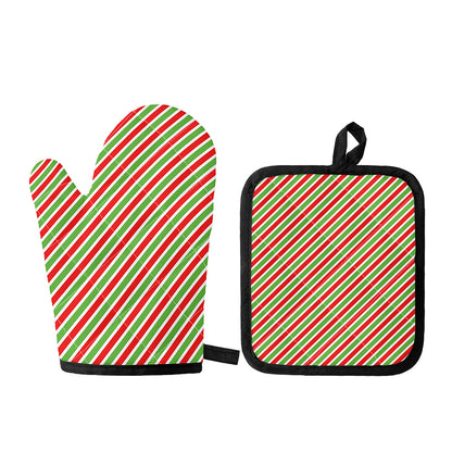 Red Green And White Candy Cane Print Oven Mitt And Pot Holder Set