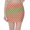Red Green And White Candy Cane Print Pencil Mini Skirt