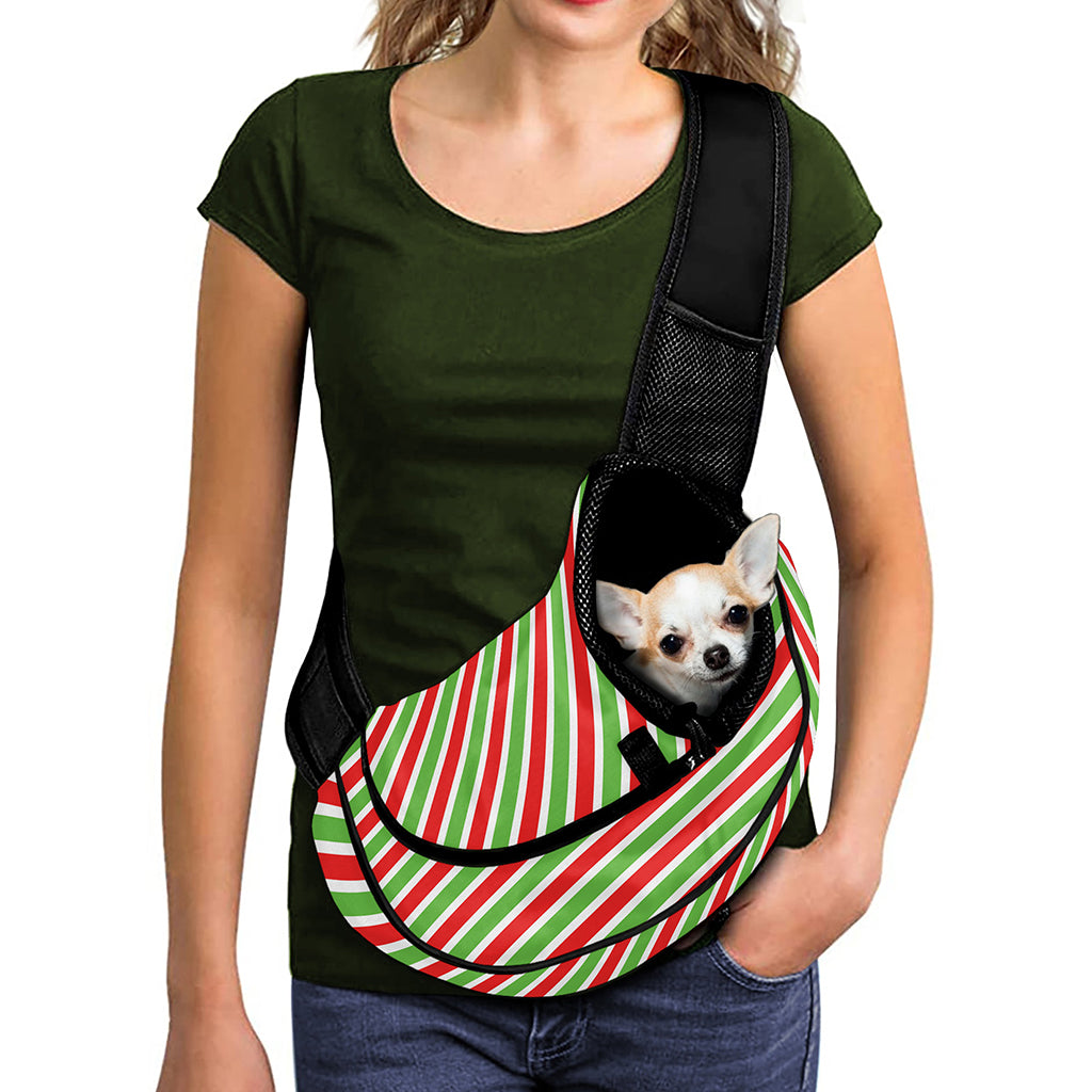 Red Green And White Candy Cane Print Pet Sling Carrier