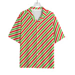 Red Green And White Candy Cane Print Rayon Hawaiian Shirt