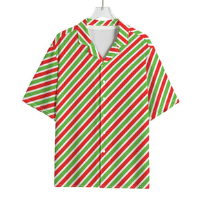 Red Green And White Candy Cane Print Rayon Hawaiian Shirt