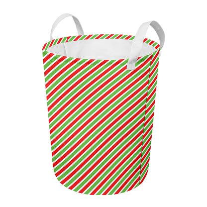Red Green And White Candy Cane Print Round Laundry Basket
