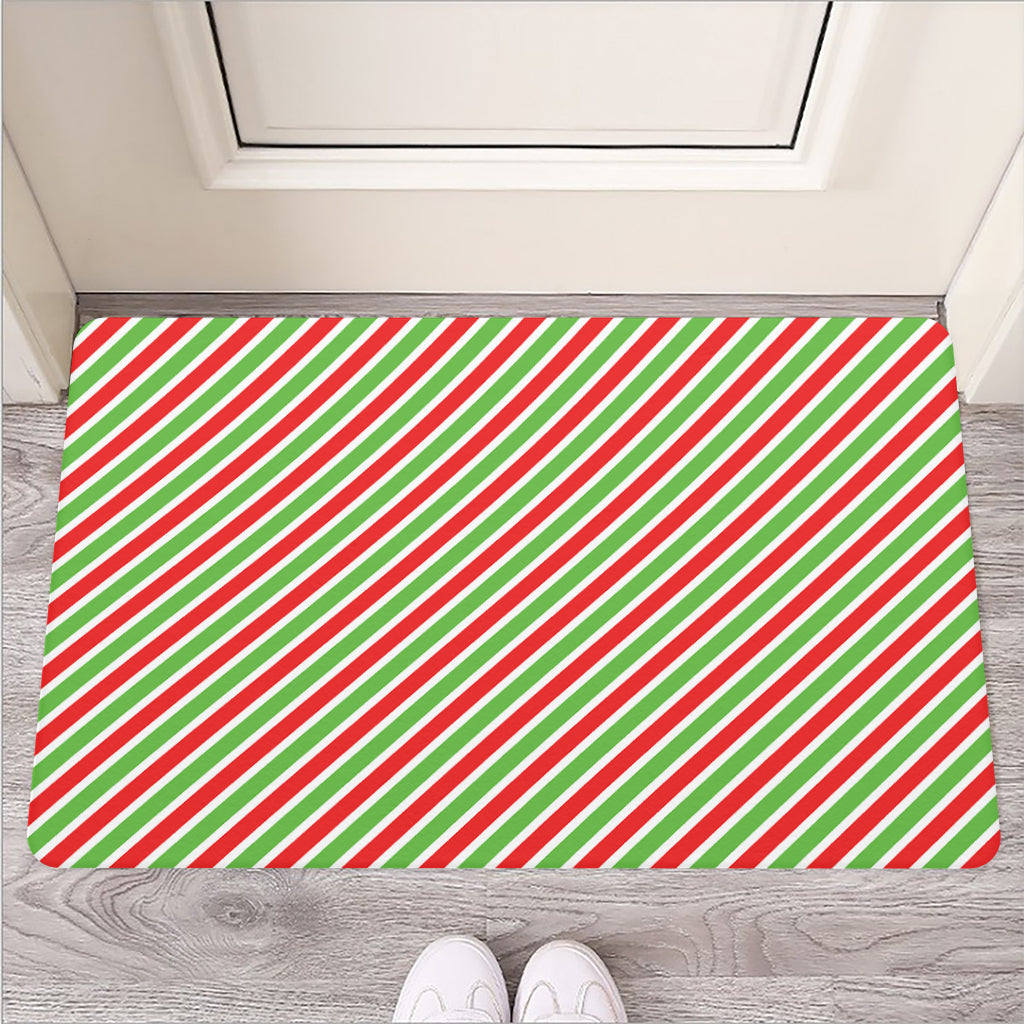 Red Green And White Candy Cane Print Rubber Doormat