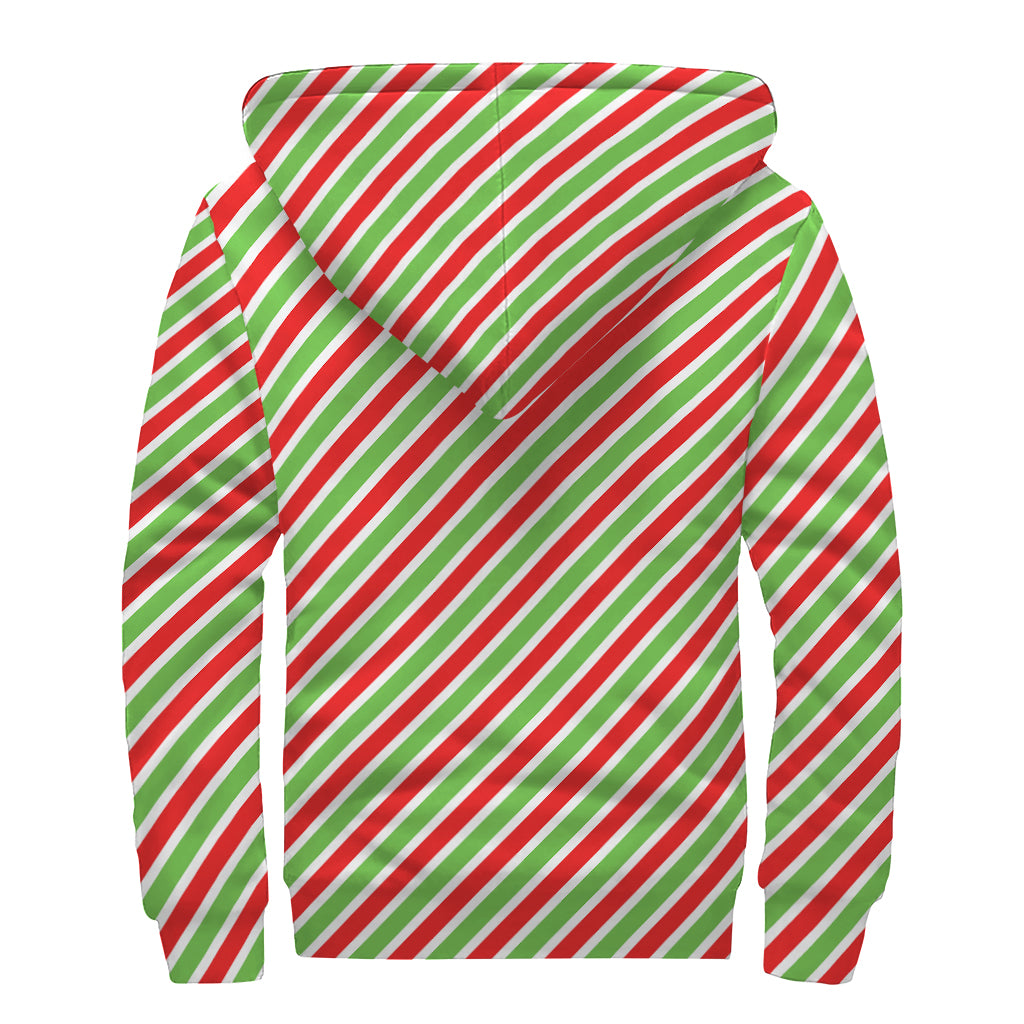 Red Green And White Candy Cane Print Sherpa Lined Zip Up Hoodie