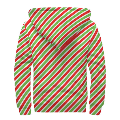 Red Green And White Candy Cane Print Sherpa Lined Zip Up Hoodie