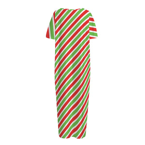 Red Green And White Candy Cane Print Short Sleeve Long Nightdress