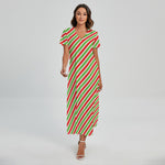 Red Green And White Candy Cane Print Short Sleeve Maxi Dress