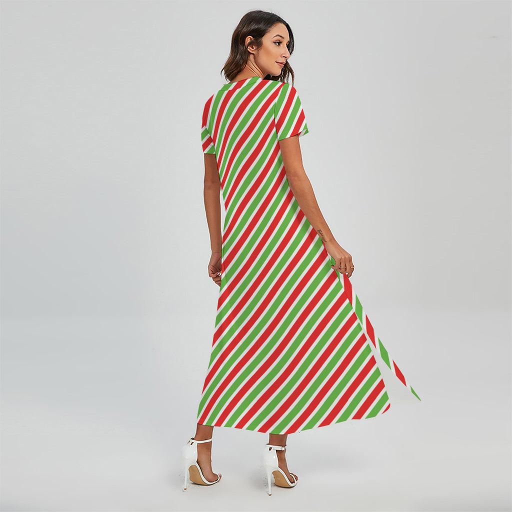 Red Green And White Candy Cane Print Short Sleeve Maxi Dress