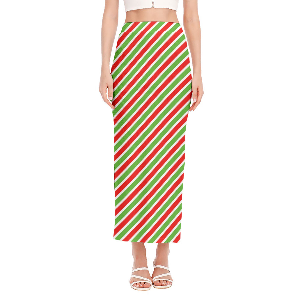 Red Green And White Candy Cane Print Side Slit Maxi Skirt