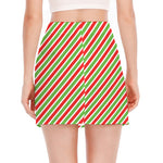 Red Green And White Candy Cane Print Side Slit Mini Skirt