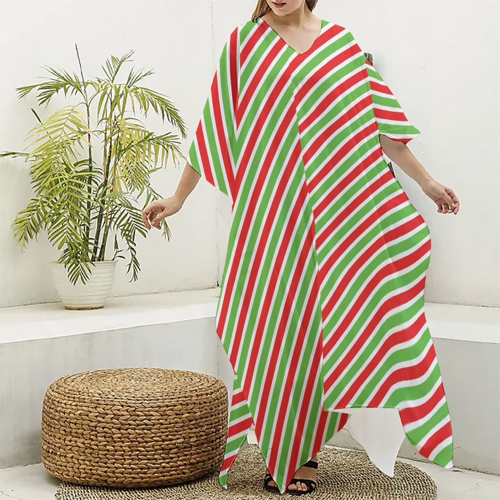 Red Green And White Candy Cane Print Silk V-Neck Kaftan Dress