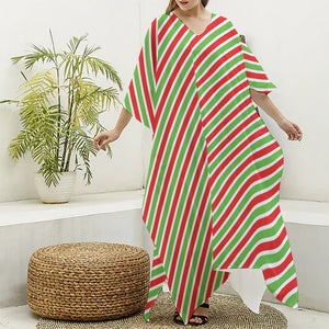 Red Green And White Candy Cane Print Silk V-Neck Kaftan Dress