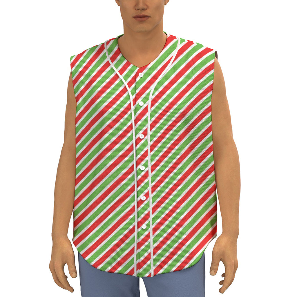Red Green And White Candy Cane Print Sleeveless Baseball Jersey