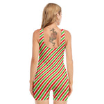 Red Green And White Candy Cane Print Sleeveless One Piece Swimsuit