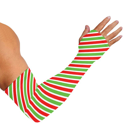 Red Green And White Candy Cane Print Sun Protection Arm Sleeves
