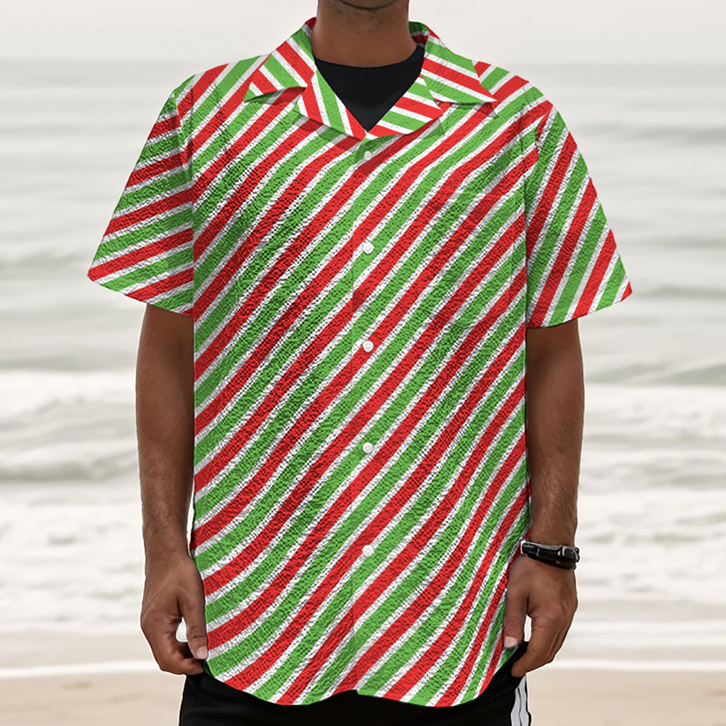 Red Green And White Candy Cane Print Textured Short Sleeve Shirt