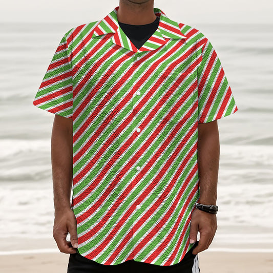 Red Green And White Candy Cane Print Textured Short Sleeve Shirt