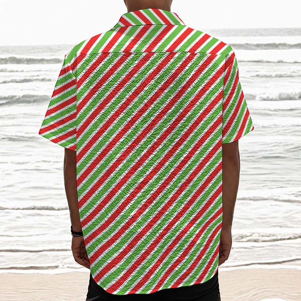 Red Green And White Candy Cane Print Textured Short Sleeve Shirt