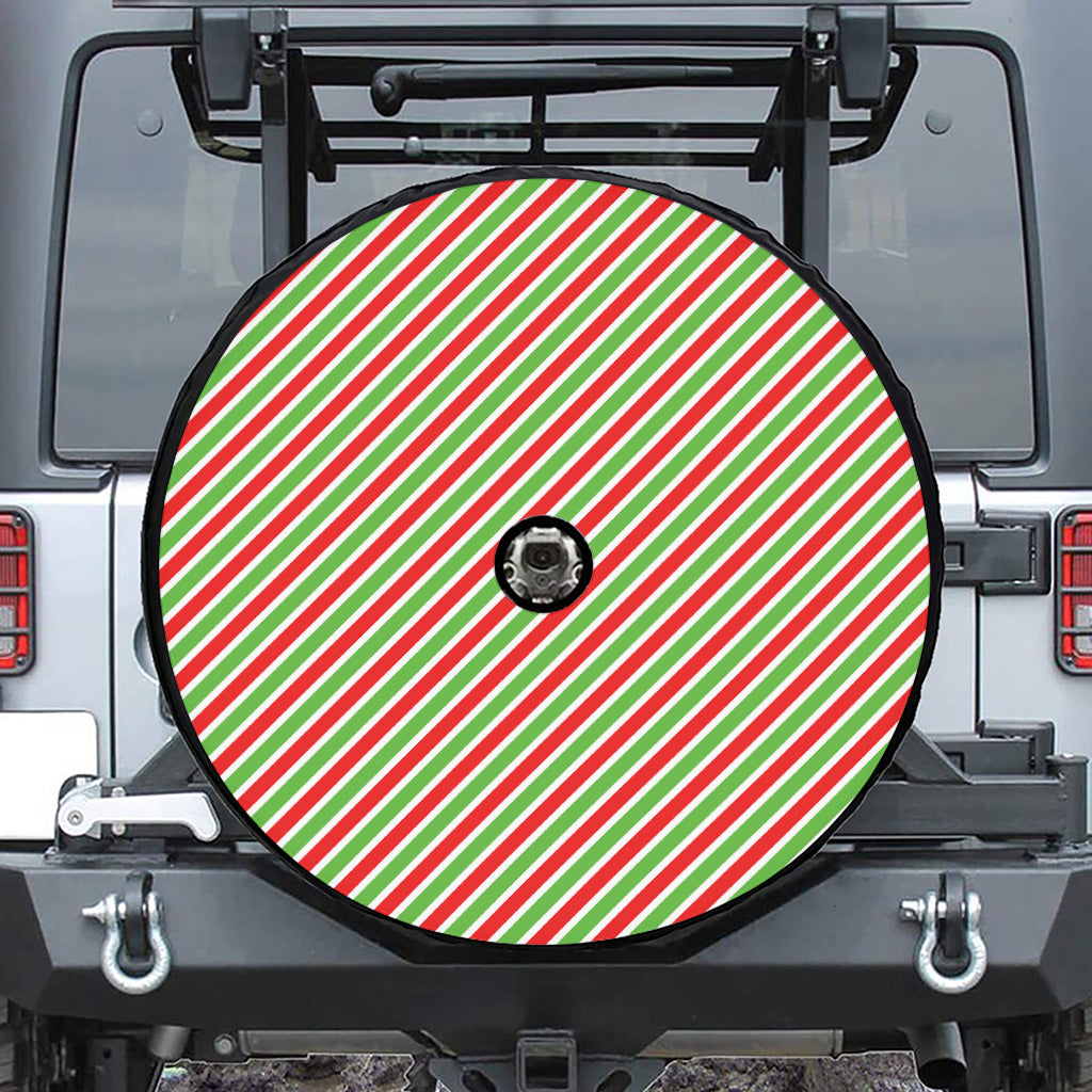 Red Green And White Candy Cane Print Tire Cover With Camera Hole