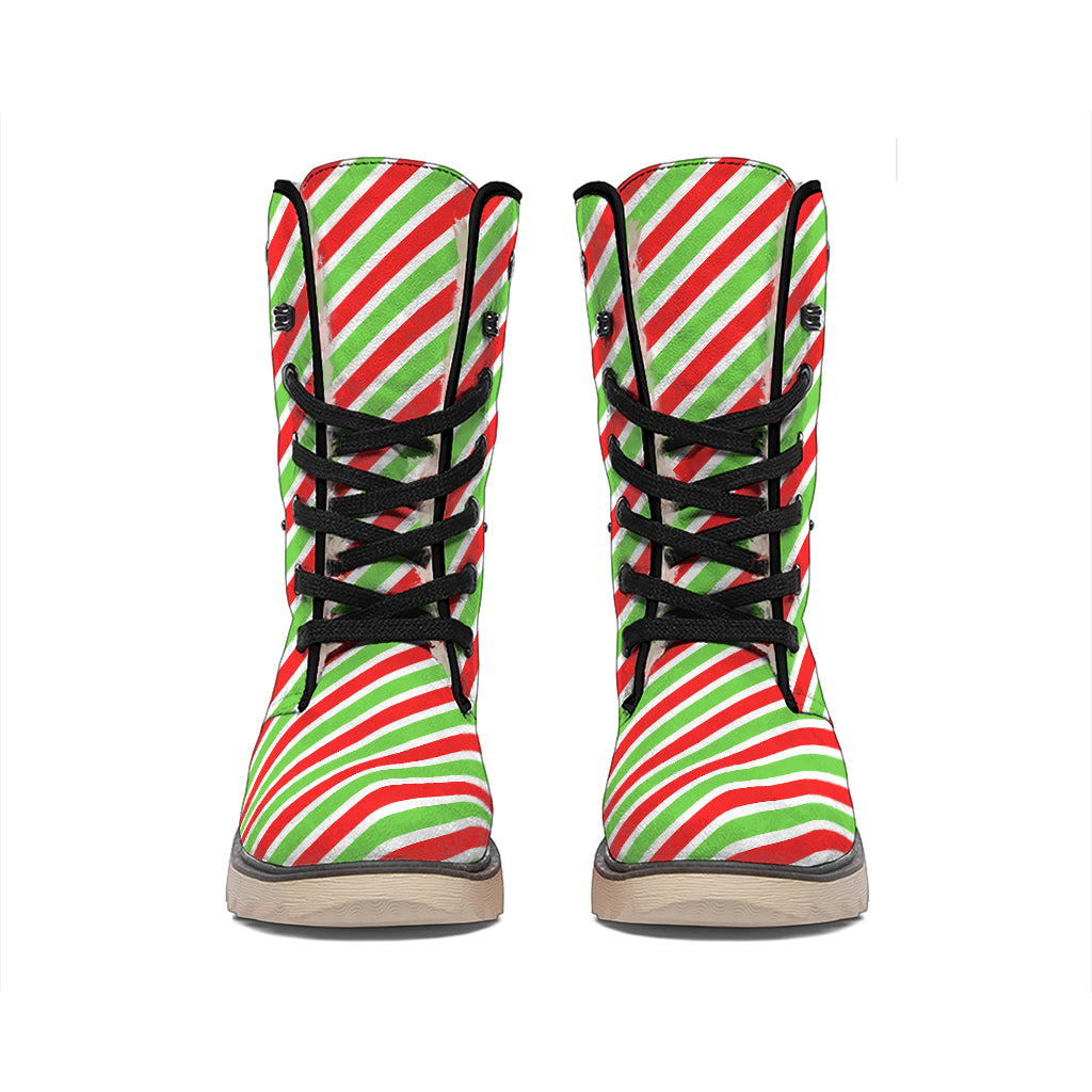 Red Green And White Candy Cane Print Winter Boots