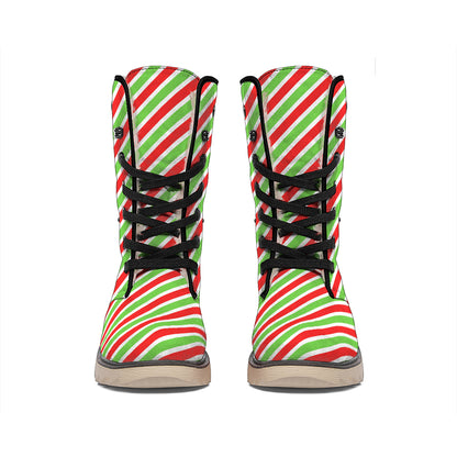 Red Green And White Candy Cane Print Winter Boots