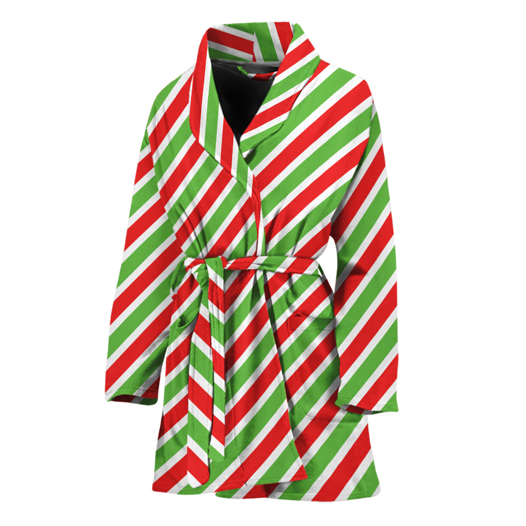 Red Green And White Candy Cane Print Women's Bathrobe