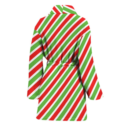 Red Green And White Candy Cane Print Women's Bathrobe