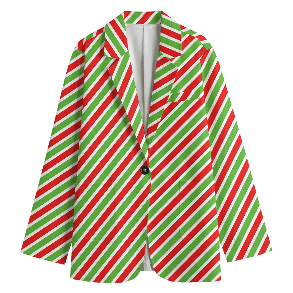 Red Green And White Candy Cane Print Women's Blazer