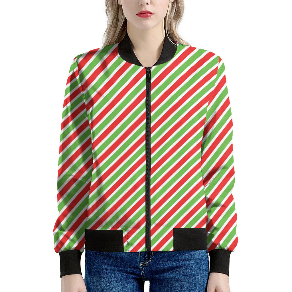 Red Green And White Candy Cane Print Women's Bomber Jacket