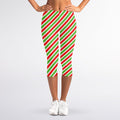 Red Green And White Candy Cane Print Women's Capri Leggings