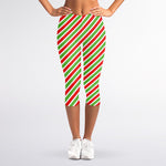 Red Green And White Candy Cane Print Women's Capri Leggings