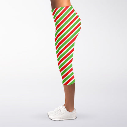 Red Green And White Candy Cane Print Women's Capri Leggings