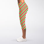 Red Green And White Candy Cane Print Women's Capri Leggings