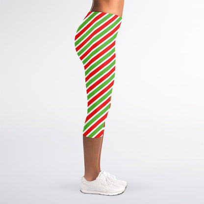 Red Green And White Candy Cane Print Women's Capri Leggings