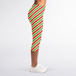 Red Green And White Candy Cane Print Women's Capri Leggings