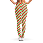Red Green And White Candy Cane Print Women's Leggings