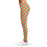 Red Green And White Candy Cane Print Women's Leggings