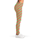 Red Green And White Candy Cane Print Women's Leggings