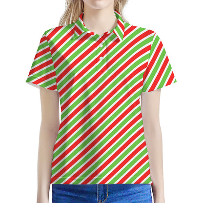 Red Green And White Candy Cane Print Women's Polo Shirt