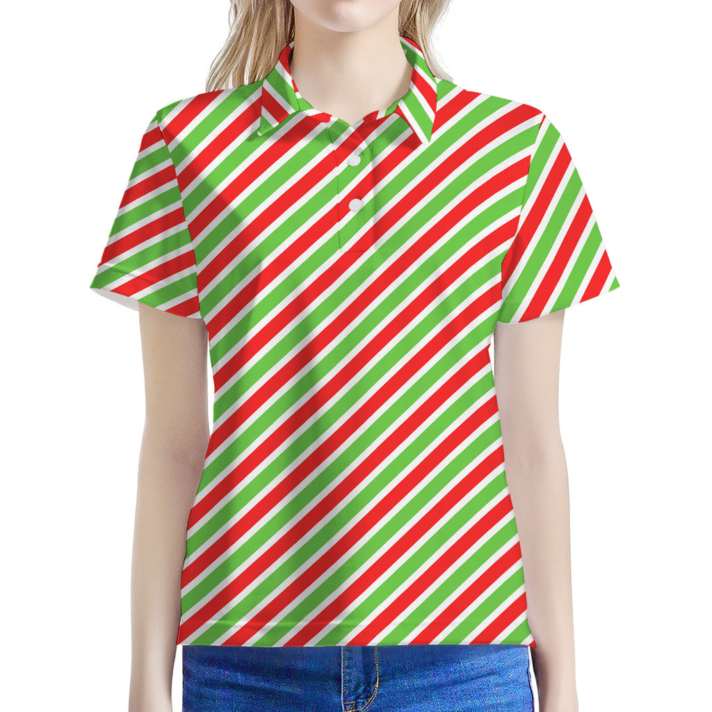 Red Green And White Candy Cane Print Women's Polo Shirt