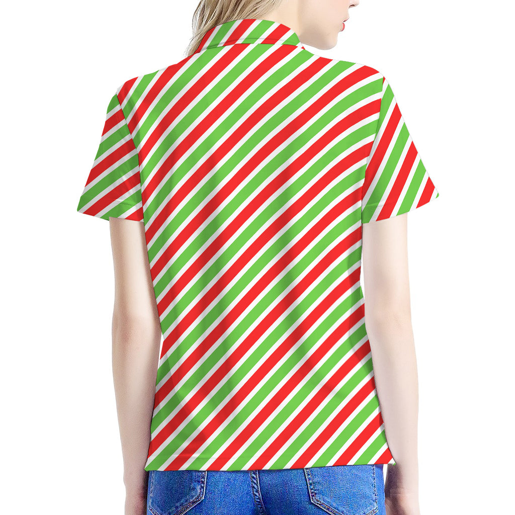 Red Green And White Candy Cane Print Women's Polo Shirt
