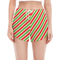 Red Green And White Candy Cane Print Women's Split Running Shorts